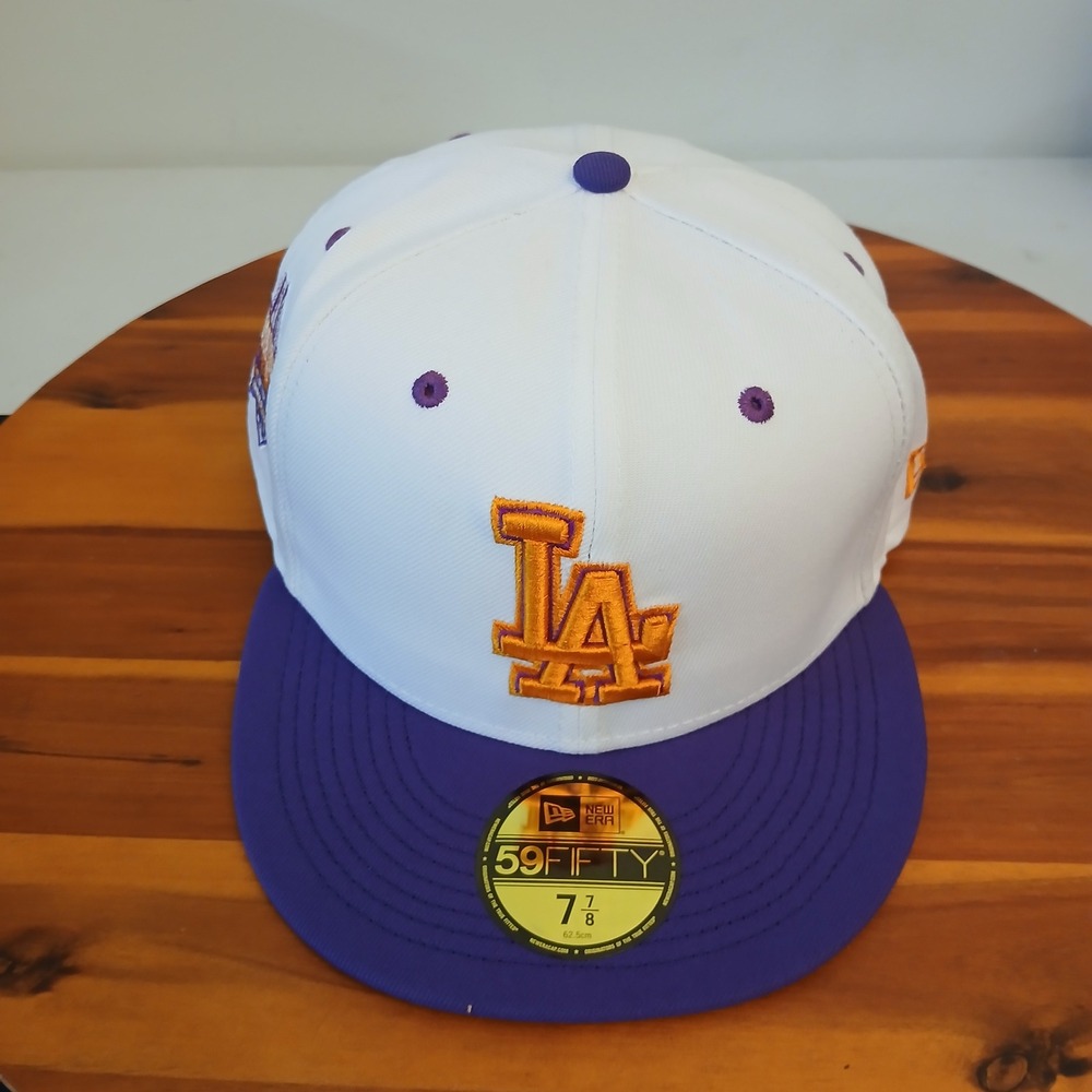 Los Angeles Dodgers Hat Mens 7 7/8 White Purple Stadium Patch New Era 59FIFTY